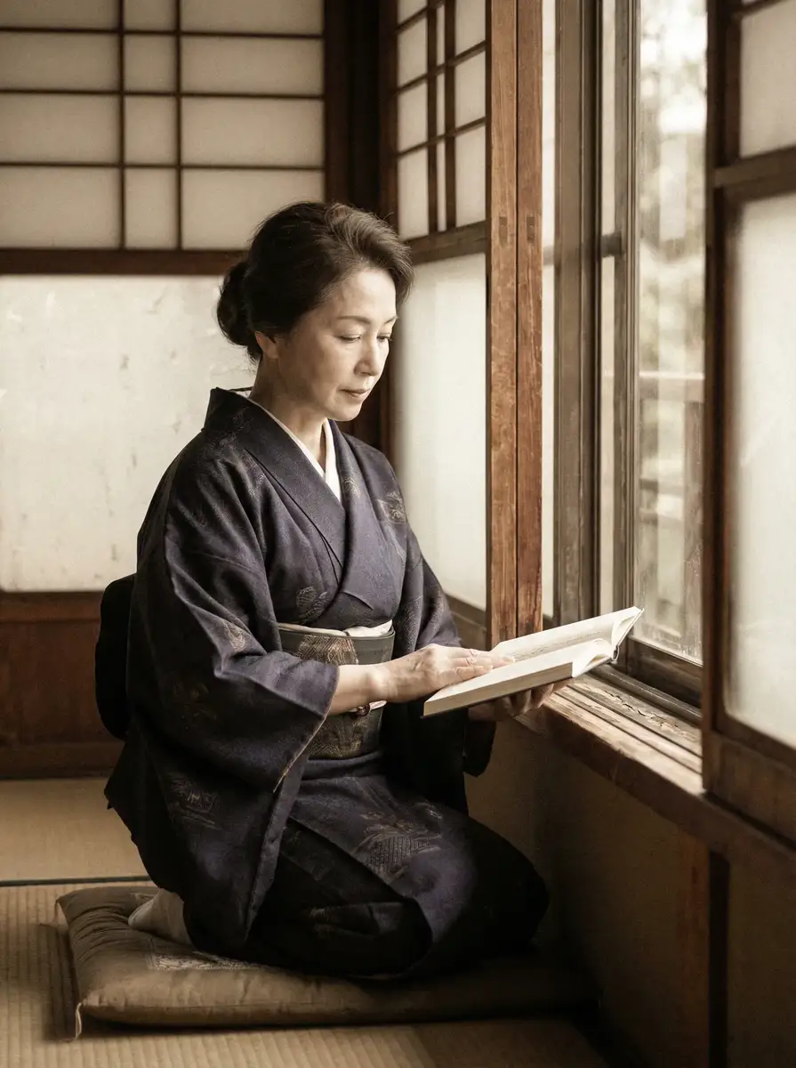 一位优雅的五十岁 白龙猫女 身穿深蓝色和服，在窗边静读